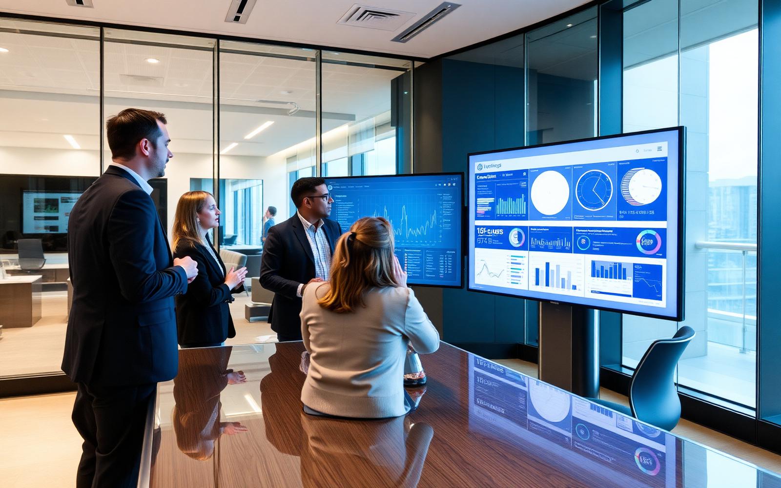 Consulting team reviewing digital dashboards on a large display