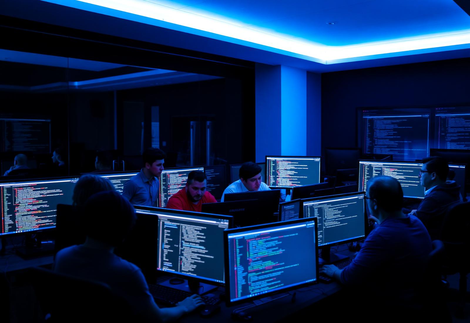 Software engineers reviewing code on multiple monitors in a dark studio